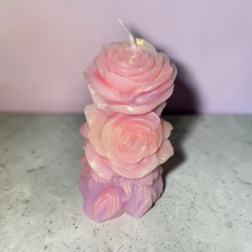 Handmade Pink Rose Pillar Candle – 100% Beeswax Floral Sculpture – Iridescent